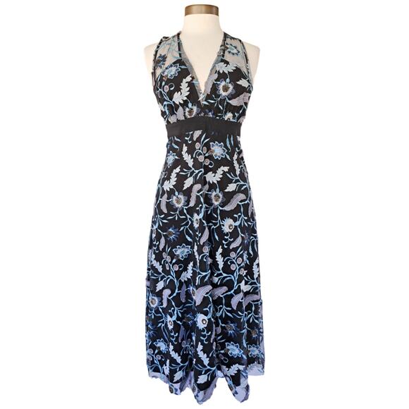 Sandro Floral Embroidered Midi Dress Black Cocktail Party Plunge V-neck Beaded - Picture 2 of 16